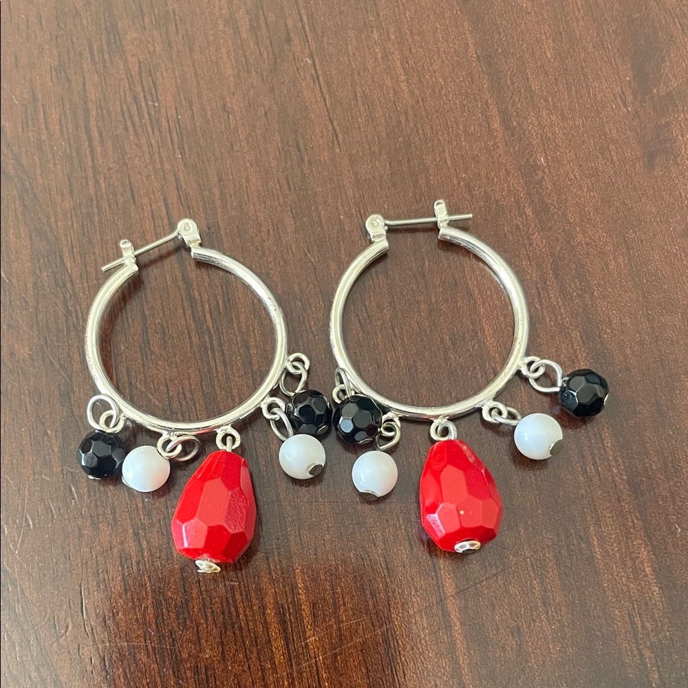 Elegant Silver Hoop Earrings with Red and Black Beads